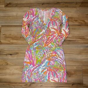 ❌SOLD❌Lilly Pulitzer Small Colorful Midi Shirt Dress 3/4 Sleeve Coral Reef Print